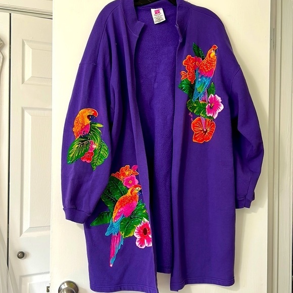Vintage 90s hand painted tropical parrot purple cardigan sweater plus size - Picture 1 of 11